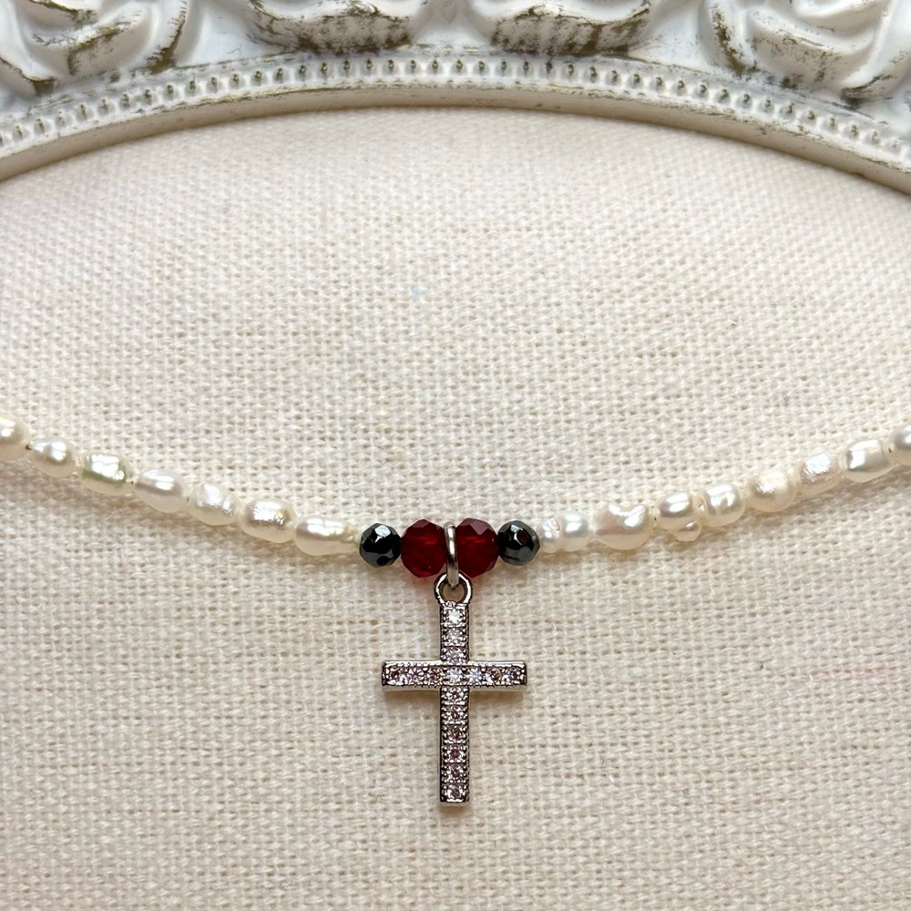 Cross Pendant Necklace white Pearls Red Beads fashion jewelry handmade religious